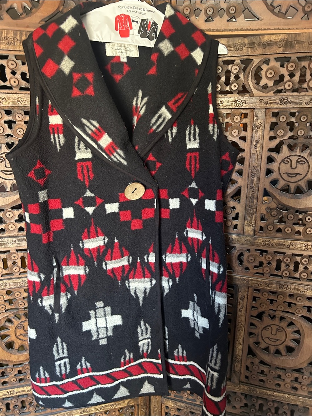 Black, Red & White Patterned Fleece Vest - Native-Inspired Style